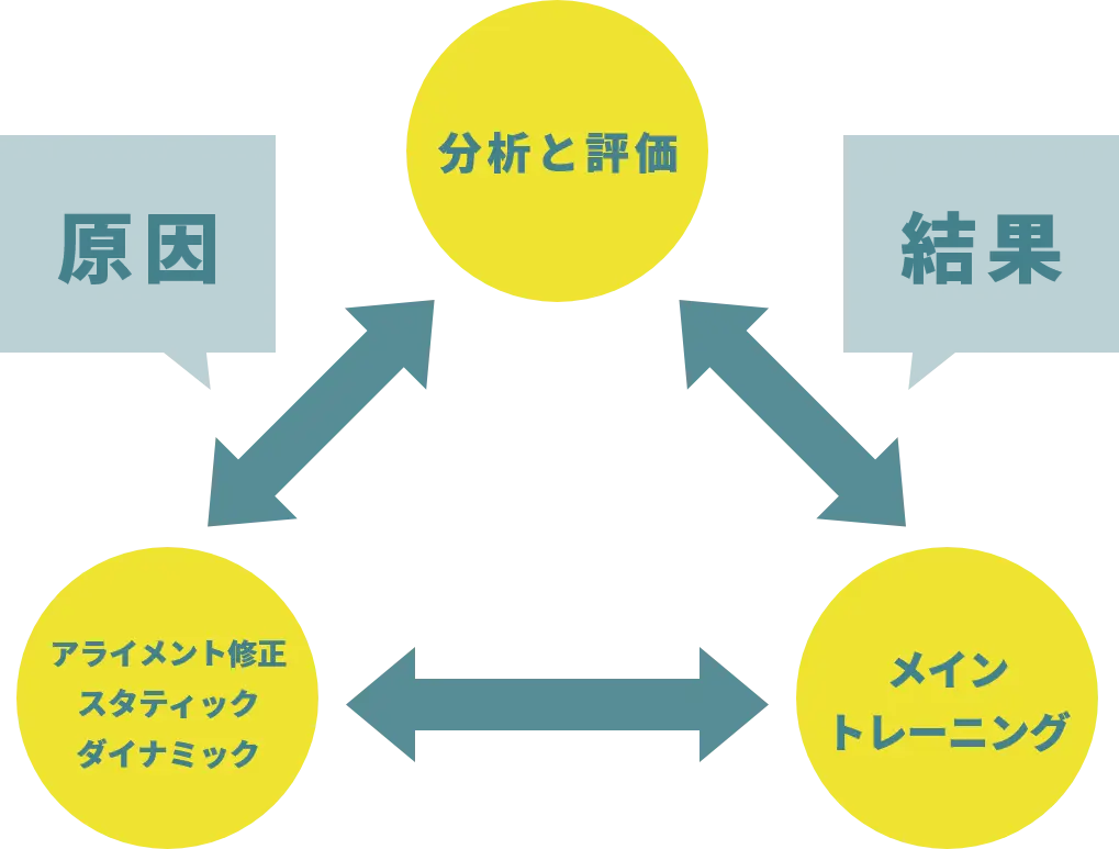 身体の分析と評価からメイントレーニングを行う。